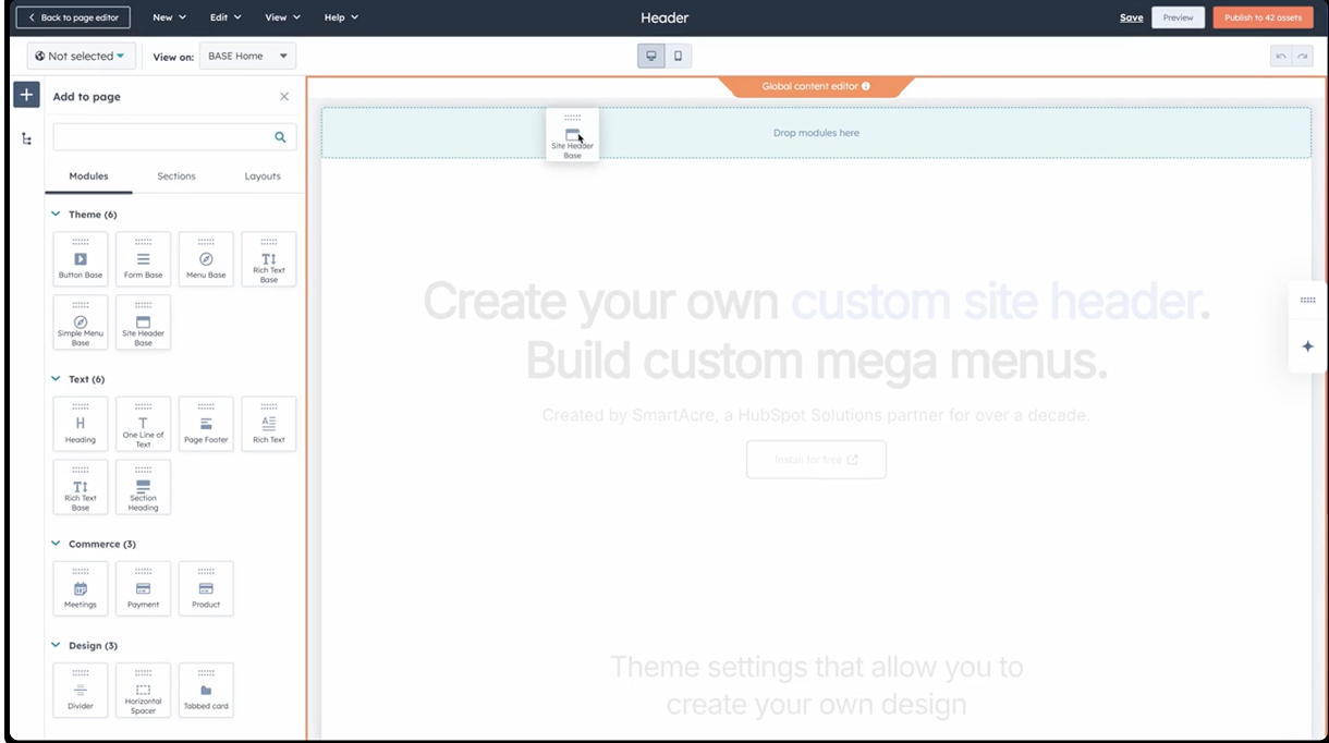 HubSpot editor showing drag-and-drop of a site header module into a page layout.